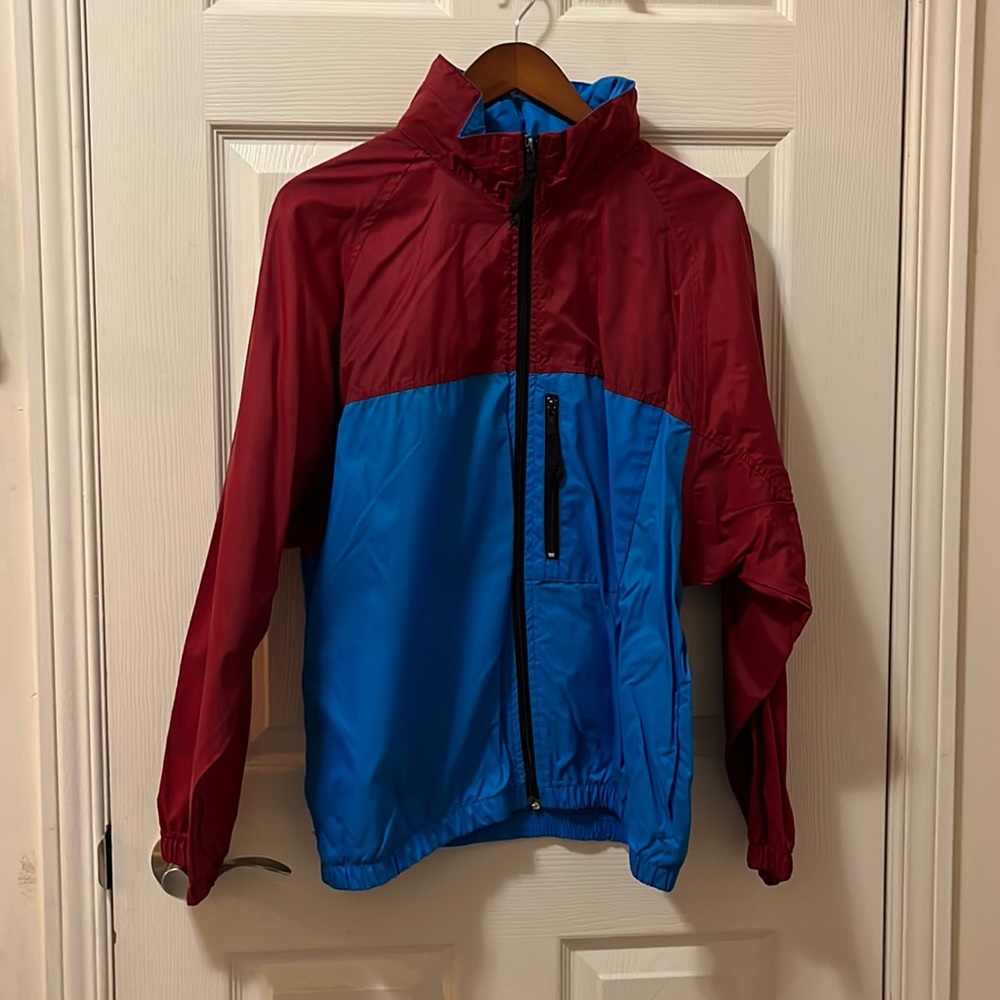 Women’s Vintage 90s Rain Jacket Red Blue Hood Rest and Relaxation Sears Med-Lrg